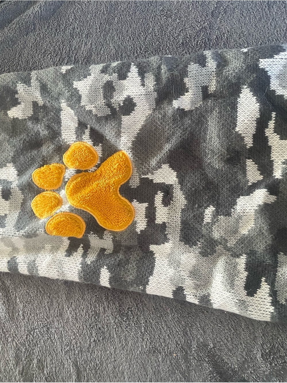 Gray Camo Dog Blanket with Yellow Paw Patch
